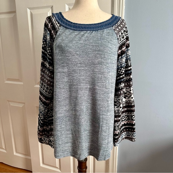 Kori Sweaters - Kori America Blue Oversized Sweater with Nordic Patterned Sleeves Size Medium